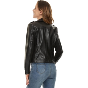 Women's <b>Black</b> Leather Moto <b>Jacket</b> Slim Fit Zipper Closure Turn-Down Collar Regular Length Solid Color Autumn Wear - Product Image 3