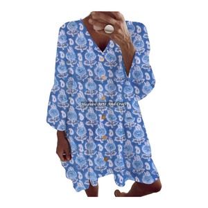 Haut plissé 100 % coton imprimé au bloc, hauts de créateur tendance pour femme, hauts ajourés sur toute la surface, robe de printemps-été, hauts à manches cloche - Product Image 6
