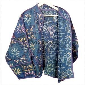Robe courte d'hiver pour femme en kantha faite à la main, 100 % coton, imprimé floral, col mandarin, matelassée, respirante, séchage rapide, longueur complète - Product Image 6