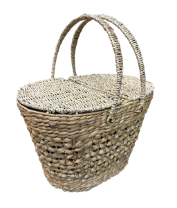 Handwoven Eco-Friendly Vintage Water Hyacinth Picnic <b>Basket</b> <b>Lid</b> Double Handles Oval Wicker Storage Hamper for Home Decoration - Product Image 2