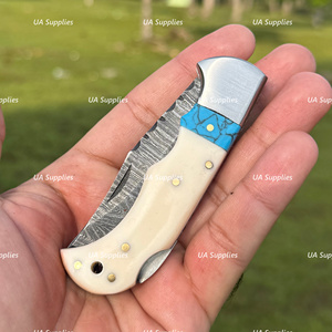 UA Supplies Industrial Grade Damascus Steel Clip Point Folding Knife Straight Edge White Handle 6.5in Overall Length Hunting EDC - Product Image 2