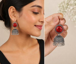 Wholesale Oxidized Silver <b>Red</b> Stone Jhumka <b>Earrings</b> Handmade Ethnic Boho Pearl Drop <b>Earrings</b> for Women Party Jewelry - Product Image 2