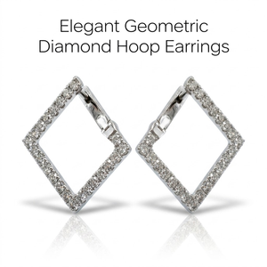 Boucles d'oreilles Huggie losange en or blanc 18 carats, sertissage pavé géométrique, bijoux de mariée raffinés sur mesure, cadeau haut de gamme pour femme - Product Image 1