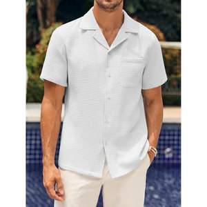 Camisa de moda ODM para hombre 100% algodón Waffle botón abajo estilo chino manga corta suelta ajuste liso Tops para playa de verano - Product Image 3