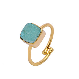 Aqua Druzy Gemstone Ring <b>Square</b> Shape Gold Plated <b>Adjustable</b> Statement Ring Natural Stone Fashion Jewelry for Women - Product Image 1