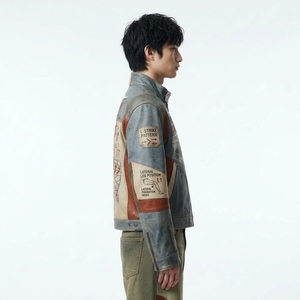 Blouson de motard pour homme en cuir gris chiné, avec motif 'Knuckle Wrap' et graphique d'arts martiaux, thème sportif - Product Image 3