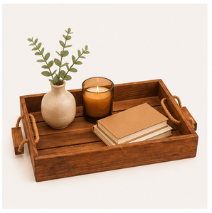 Plateau de service rectangulaire en bois rustique de qualité supérieure avec poignées en corde décoratives, grand plateau artisanal en bois pour table basse et ottoman - Product Image 4