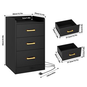 Comodino in Quercia con Stazione di Ricarica, 3 Cassetti, Mobile Moderno per Camera da Letto, Nero - Product Image 3