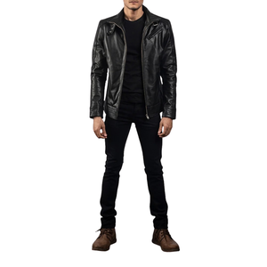 Veste en cuir véritable noire pour homme, col chemise classique, fermeture éclair intégrale, vêtement d'extérieur décontracté haut de gamme, vente en gros - Product Image 4