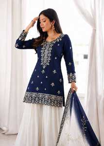 <b>Women</b> Traditional Navy Blue Embroidered Floor-Length <b>Kurta</b> with Ivory Palazzo and Kundan Organza Silk Dupatta Set for Party - Product Image 1