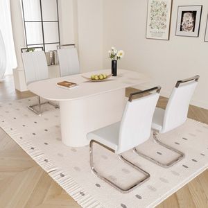 63\" Medieval Modern Cream Style MDF Dining Table PU Armless <b>Chair</b> Set 4-piece <b>Silver</b> Plated Metal Leg Assembly Dining Room - Product Image 3