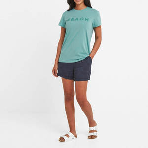 Camiseta de Manga Corta con Cuello Redondo para Mujer, Estampado Playero, Corte Regular, Color Verde Claro, Algodón Jersey, para Primavera/Verano - Product Image 1