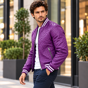 <b>Men</b>’s <b>Purple</b> Ostrich Leather Bomber Jacket Luxury Textured Zip Up Fashion Outerwear - Product Image 2