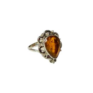 Bague unisexe en argent sterling 925 avec pierre précieuse taille poire, ambrée, motif floral tendance, sertie clos, pour anniversaire et fête - Product Image 3