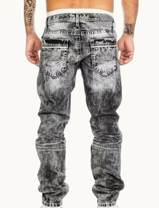 Pantalon Harem Streetwear pour Homme en Coton Denim Imprimé Gaufré Dégradé Taille Haute Coupe Ample Style Automne Délavé au Sable - Product Image 3