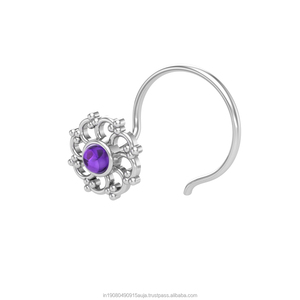 Pendiente de Nariz con Amatista Redonda en Plata de Ley 925, Estilo Indio, para Mujeres y Niñas - Product Image 2