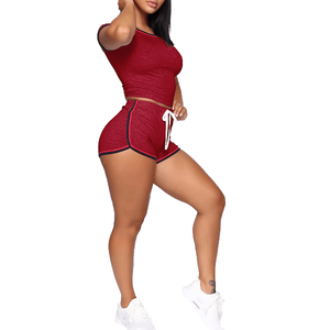 Women's <b>Red</b> Two Piece Shorts Set Sleeveless <b>Crop</b> <b>Top</b> With Drawstring Solid Color Breathable Knitted Spandex Spring Ladies Sets - Product Image 1
