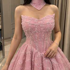 Pink <b>Ball</b> Gown Women Designer Evening Dress Embellished Lace Sequin Floral Beaded Corset Bodice Off-Shoulder Sweetheart Neckline - Product Image 5