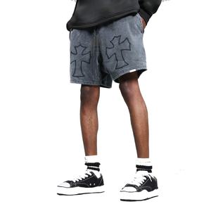 Custom Vintage Fleece <b>Shorts</b> Cut Edge 3D Embroidery Printing Acid Wash <b>Sweat</b> <b>Shorts</b> With Distress <b>for</b> <b>Men</b> jogger <b>shorts</b> - Product Image 3