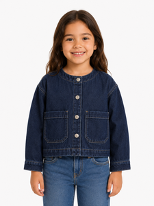Chaqueta Vaquera Azul Oscuro para Niñas, Prenda Exterior Informal, Chaqueta Vaquera de Algodón de Primera Calidad, Diseño Elegante con Botones en la Parte Delantera, Manga Larga - Product Image 1
