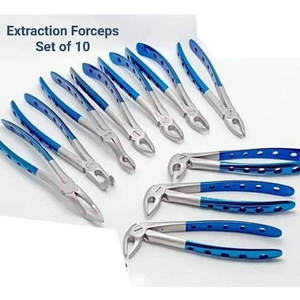 Ensemble de 10 forceps d'extraction dentaire en acier inoxydable recouvert de titane bleu, kit chirurgical allemand pour dentisterie - Product Image 1