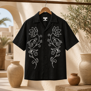 Luxury Men's Black Floral Embroidered Cotton <b>Shirt</b> <b>Half</b> Sleeve Casual Resort Wear <b>Shirt</b> for Men - Product Image 3