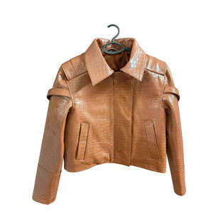 Veste moto en cuir gaufré croco pour femme, col rabattu, manches longues, coupe courte, style hiver - Product Image 1