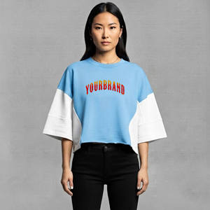 <b>Top</b> Trending Women's Blue White Color Block <b>Crop</b> <b>Top</b> Oversized Crew Neck Half Sleeve Flame Logo Print Cotton Jersey Loose Fit - Product Image 4