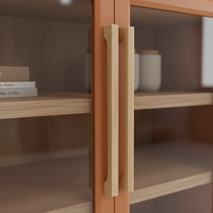 Vitrina Rectangular de Madera de Caucho y MDF con Chapa de Roble, Ecológica, con Puertas Correderas, 4 Compartimentos, Mesa Auxiliar/Mesita de Noche - Product Image 5