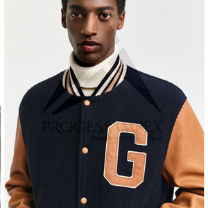 Chaqueta Varsity Azul Marino y Marrón para Hombre con Logotipo G Bordado, Cierre de Botones, Estilo Preppy, Ropa de Otoño - Product Image 6