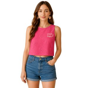 Top Corto Rosa con Bordado Floral para Mujer, Chaleco de Verano sin Mangas de Algodón, Logotipo Personalizado, Moda Casual Urbana - Product Image 1