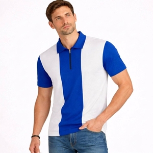 Polo en maille à manches courtes pour homme, de haute qualité, personnalisé, à blocs de couleur, rayé bleu et blanc, avec fermeture éclair, style décontracté, coupe classique - Product Image 1