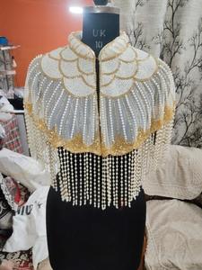 Luxury Velvet Embroidered Short Shoulder <b>Cape</b> with Sequins Bead Fringe Single Button Closure for Bridal Evening Wear Costume - Product Image 2