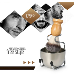 Ensemble de rasage 3 en 1 pour homme, ensemble de brosses à raser avec manche en bois, support pour brosses à raser, bol, avec matériau en acier inoxydable - Product Image 5