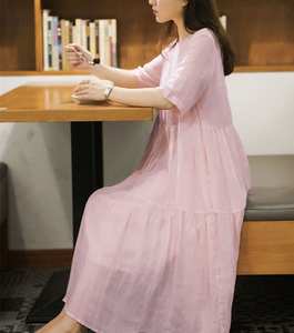 Women Solid Color Cotton Maxi Dress Regular Fit Casual Summer Dress Short Sleeve Button Back Sweet Natural Plain Dyed - Product Image 4