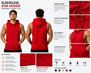 Red Muscle Fit Sleeveless Eco-Friendly Quick Dry Breathable Gym Hoodie for Men Hooded Workout <b>Vest</b> Bodybuilding Fitness Sports - Product Image 6