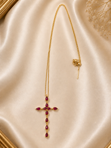 Custom Rhodium Plated <b>Necklace</b> Red <b>Ruby</b> Cross Pendant Pear Cut Gemstone Cluster Drop Chain Jewelry Women Holiday Gift Religious - Product Image 3