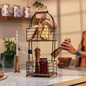 Étagère de rangement de cuisine en métal à double niveau avec poignée en bois, style industriel, organisateur multifonctionnel - Product Image 1