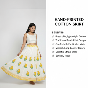 Falda Larga Artisan 36 Kali A-Line, Corte en A, Algodón con Estampado Artesanal, Motivo Amarillo, Sin Elástico, con Lazos - Product Image 2