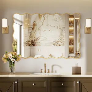 Miroir mural Hollywood Glam à cadre doré irrégulier avec motif de feuillage pour la salle de bain et la décoration intérieure - Product Image 2