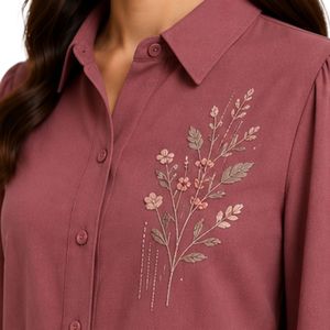 Rosewood and Light Taupe <b>Women</b> Embroidered Blouse and Maxi Skirt Set Long Sleeve Button Up High Waist Modest Two Piece Outfit - Product Image 6