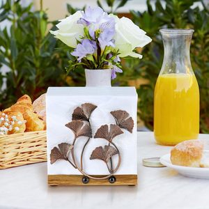 Leaf Design Napkin Holder Vintage Copper Tone Metal Gingko Leaves & Solid Acacia Wood Tabletop Napkin Rack Stand Elegant - Product Image 5