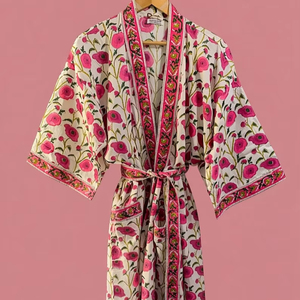 ชุดคลุมกิโมโนผ้าฝ้ายลายดอกพิมพ์ลายด้วยมือ สไตล์โบโฮสำหรับผู้หญิง ชุดนอนลำลอง - Product Image 1