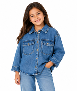 Girls Oversized Blue Denim Shirt Jacket Kids Casual Button Down Denim Top Stylish Girls Long Sleeve <b>Jean</b> Shirt <b>Soft</b> Washed Denim - Product Image 1