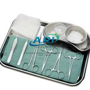 Juego de instrumentos médicos de acero inoxidable para vendajes quirúrgicos menores con pinzas, tijeras, gasas, cuenco y bandeja renal - Product Image 1