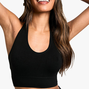 Women's Black Racerback Sports <b>Bra</b> Scoop Neck Medium Support Breathable Spandex/Nylon Material Printed Logo Front High Stretch - Product Image 4