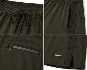 Shorts de sport pour homme en polyester vert olive, taille mi-haute, cordon de serrage, bande latérale, poches latérales, séchage rapide, coupe-vent, écologique - Product Image 5