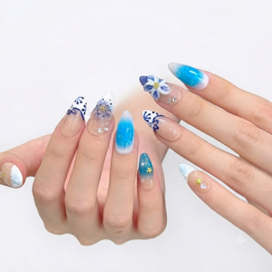 Medio Almendra Uñas Acrílico Blanco Cielo Azul Zafiro Azul Marino Pre-diseñado Artsy Pintado a mano Diseño de dedo Vibe Cerulean Acrílico - Product Image 3