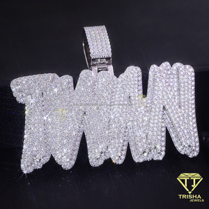 Pendentif initial TW de créateur avec pierres en moissanite taille baguette en argent sterling 925, collier tendance hip-hop - Product Image 3