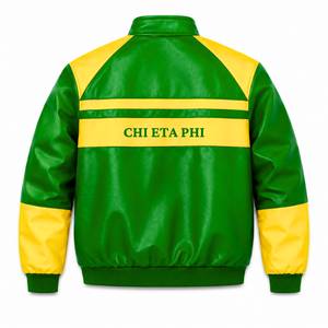 เสื้อแจ็คเก็ตหนังสีเขียวและเหลืองปักโลโก้ชมรมนักศึกษาหญิง Custom Chi Eta Phi สไตล์ลำลองสำหรับผู้หญิงบุด้วยโพลีเอสเตอร์ - Product Image 3